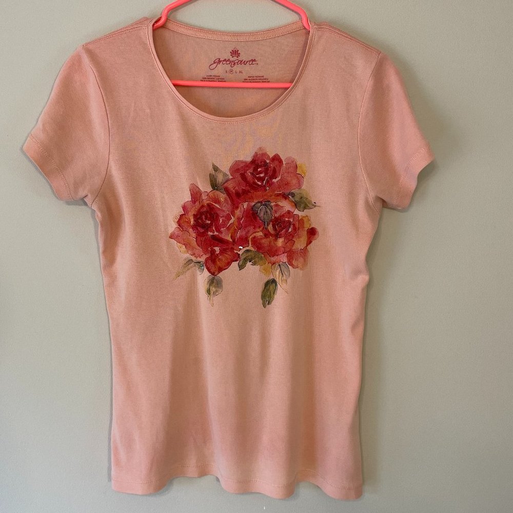 Green Source Women’s size M 100% Organic Cotton Peach Sequined Floral SS Tee Top